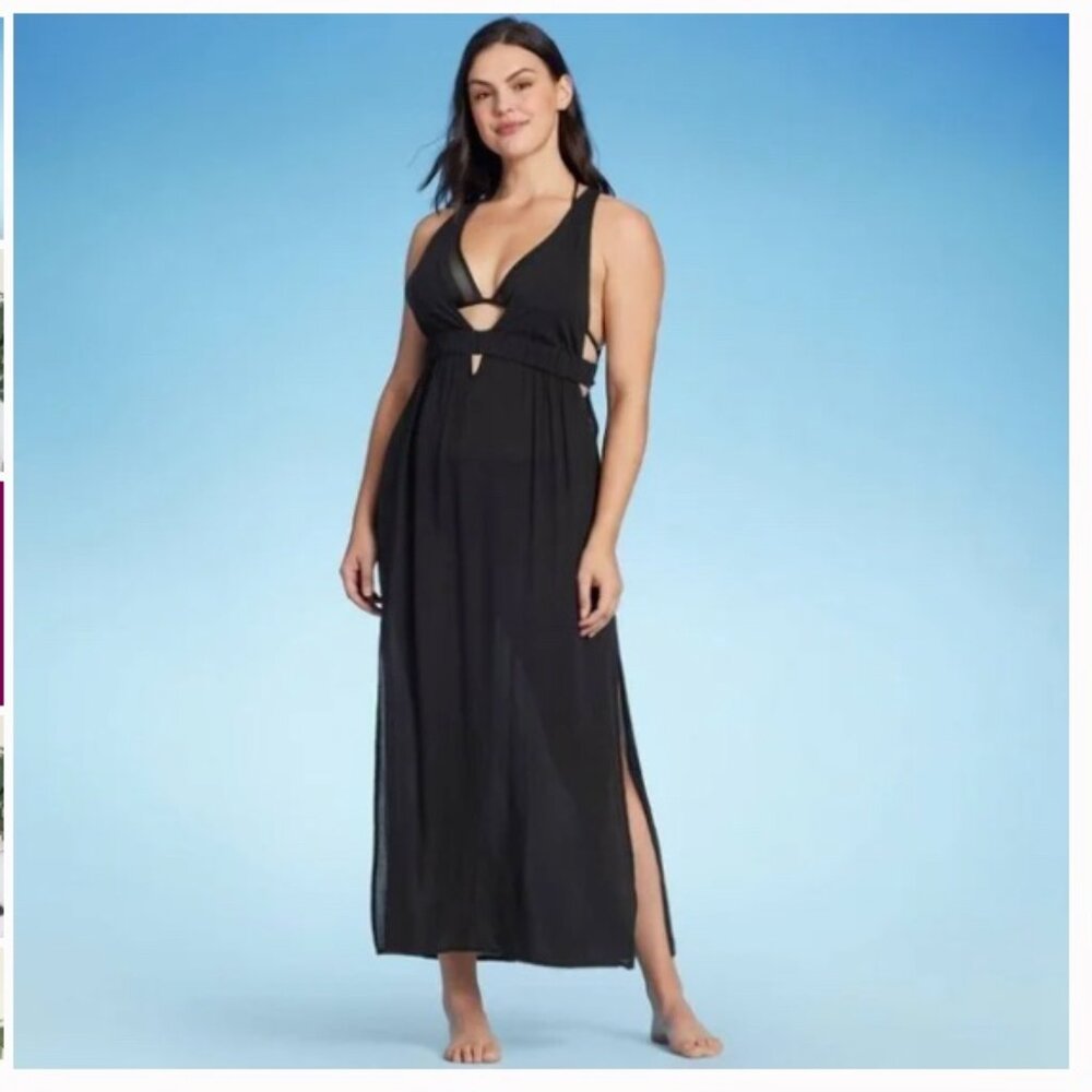 Womens Shade & Shore Plunge Swim Maxi Beach Cover Up Dress Black Size XL*
